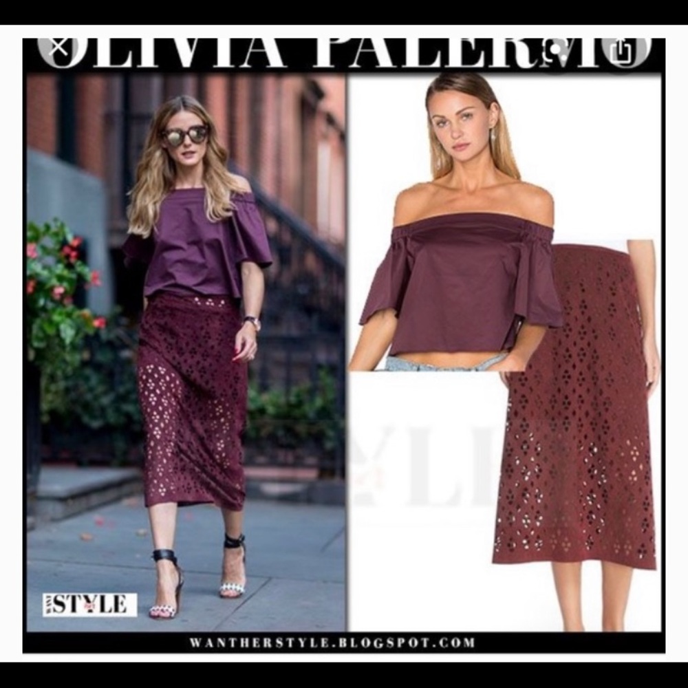 Olivia Palermo Tibi Purple off the shoulder top